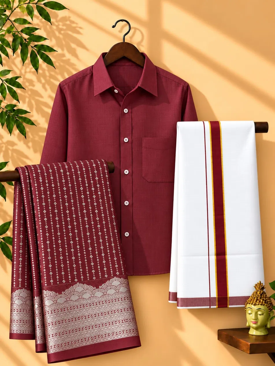 Cherry Maroon Silver Zari Couple Combo Set